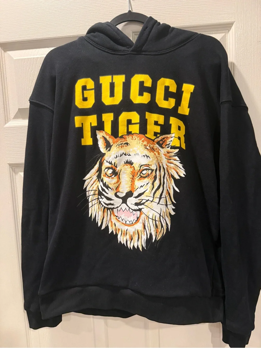Gucci Black Hoodie with Yellow Lettering and Red Trim Tiger Patch